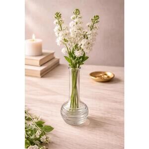 Vintage Clear Glass Round Bottom Long Neck Ribbed Bud Vase